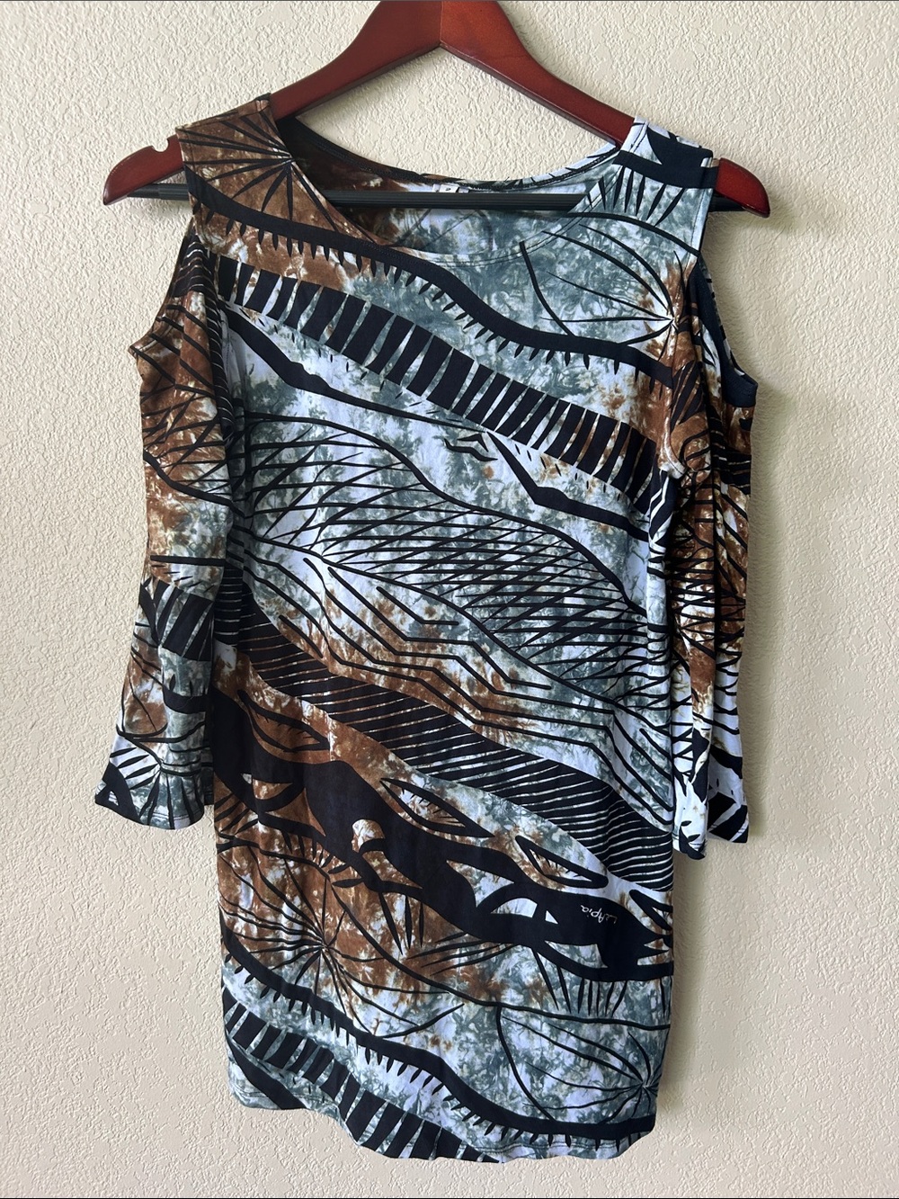 MISSING POLYNESIA Cold-Shoulder Print Women's Blouse Black, Brown & Gray, Sz 2